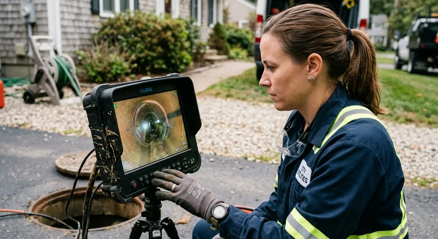 Technician reviewing sewer camera inspection footage in Dyersburg