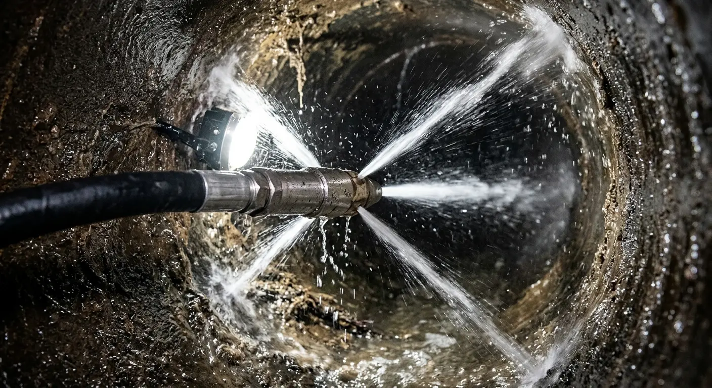 High-pressure hydro jetting nozzle cleaning sewer pipe for Emergency Drain Service in Dyersburg