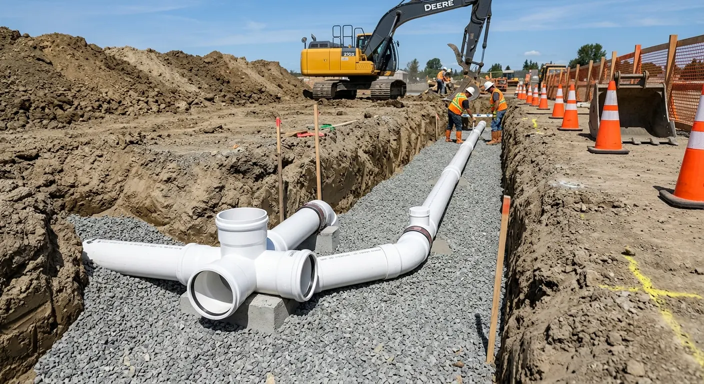 New PVC sewer pipe installation in open trench for Commercial Drain Cleaning in Dyersburg