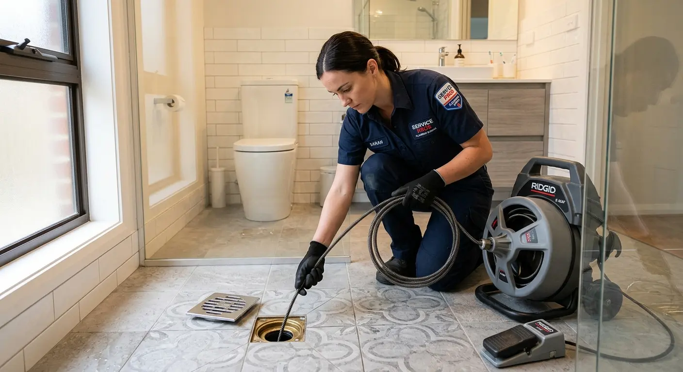 Technician clearing a bathroom floor drain for Drain Repair in Dyersburg